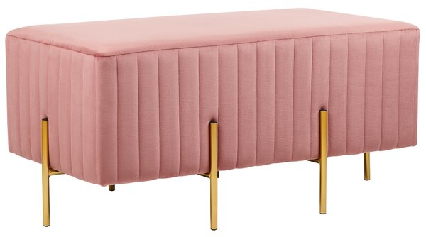 Lavička ružová zamatová čalúnená zlaté kovové nohy 93 x 48 cm glamour obývacia izba spálňa chodba