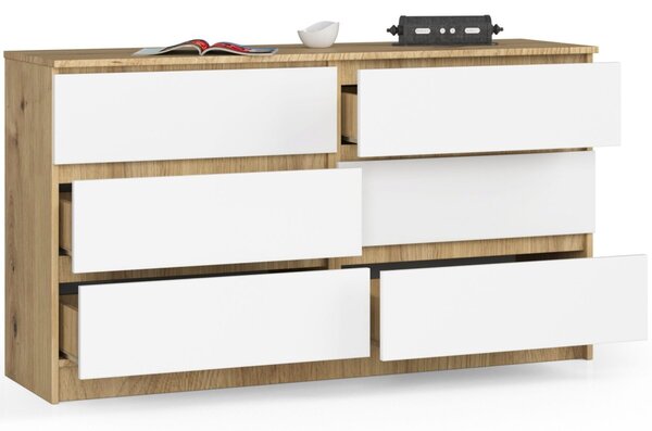 Ak furniture Komoda Kuba 140 cm 6 zásuviek dub artisan/biela