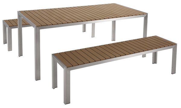 Záhradná jedálenská súprava Hnedý vonkajší 3-dielny obdĺžnikový stôl s 2 lavicami z brúseného hliníkového rámu