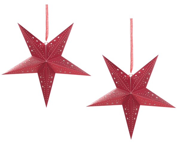 Súprava 2 vianočných hviezd červená 45 cm trblietavé závesné papierové vianočné ozdoby