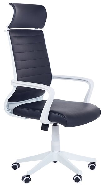 Kancelárska stolička čierna umelá koža výškovo nastaviteľná s opierkami na kolieskach ergonomický tvar moderný štýl