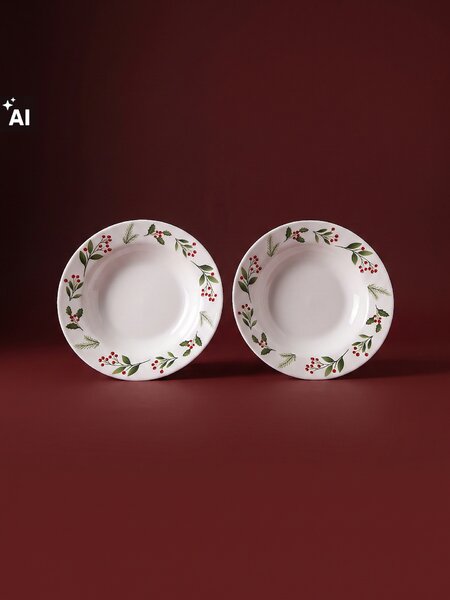 Sinsay - Sklenené hlboké taniere s vianočnou potlačou vetvičiek 2 pack - viacfarebná