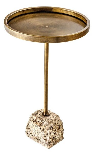 Art deco okrúhly príručný stolík Stone so zlatou kovovou doskou s vyvýšeným okrajom a asymetrickou mramorovou podstavou 60 cm