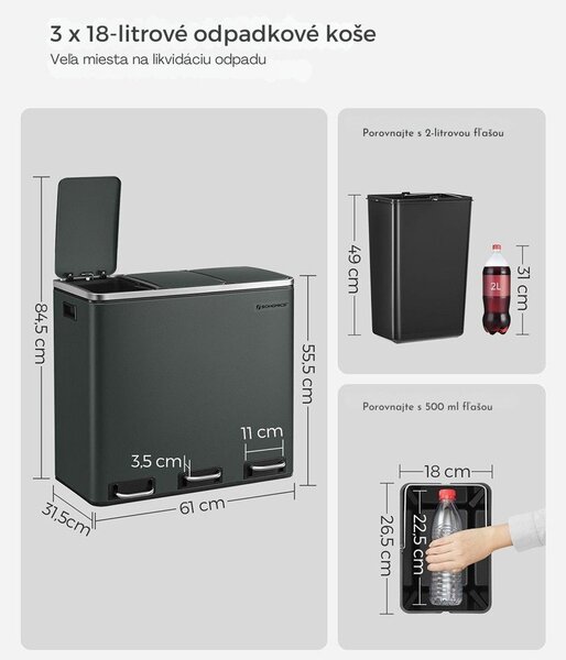 Kôš na separovanie odpadu SORT 54 l (3×18 l), antracitová/strieborná SongmicsHome