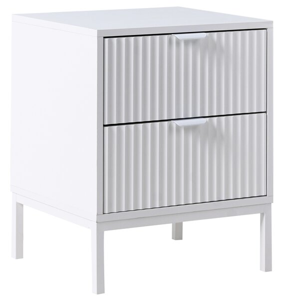 Nočný stolík s 2 zásuvkami biely MDF moderný úložný nábytok drážkovaný dizajn obývacia izba spálňa