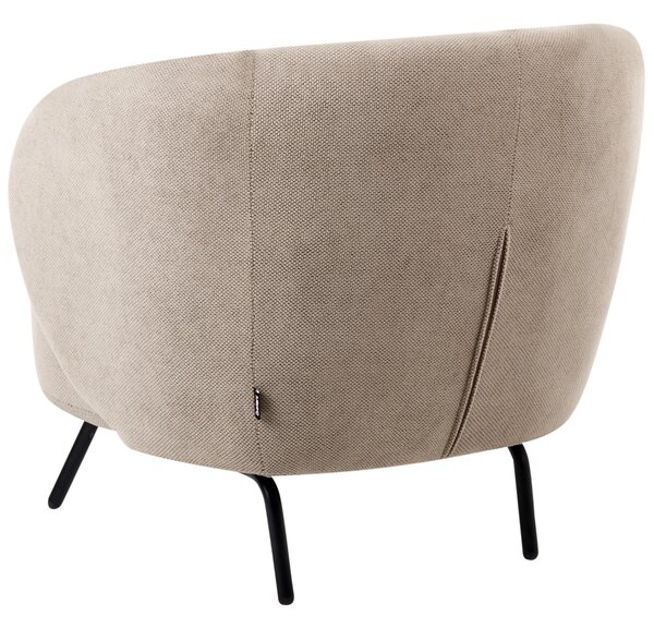 Kreslo sivobéžové látkové čalúnenie čierne kovové nohy zaoblené operadlo retro glamour art deco štýl obývačka