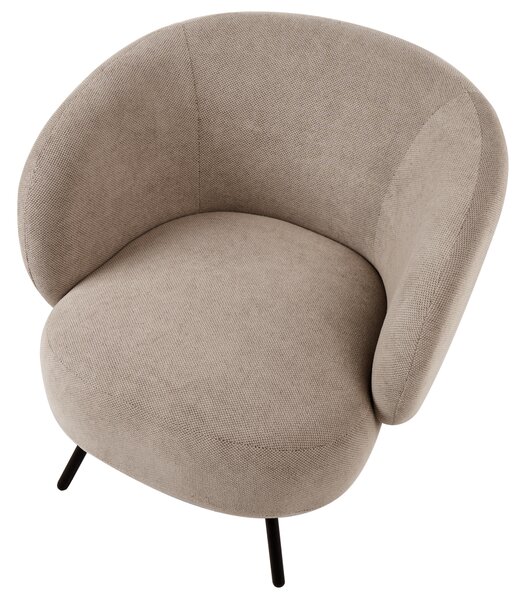 Kreslo sivobéžové látkové čalúnenie čierne kovové nohy zaoblené operadlo retro glamour art deco štýl obývačka