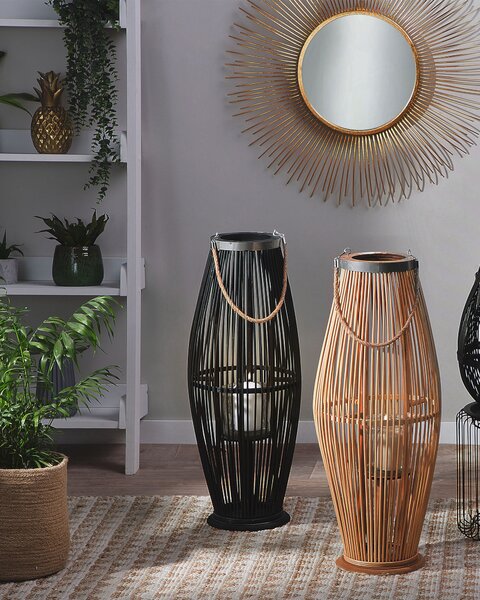 Lampáš čierny z bambusového dreva výška 72 cm s držiakom na sviečku do interiéru a exteriéru škandinávsky boho štýl