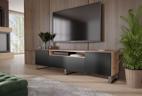 TV stolík s frézovanými dvierkami Remo 200 cm - dub artisan / čierna