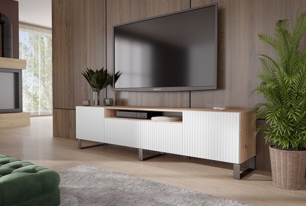 TV stolík s frézovanými dvierkami Remo 200 cm - dub artisan / biela