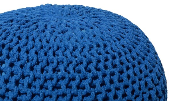 Puf taburetka modrá okrúhla bavlnená 50 x 35 cm pletená podnožka výplň z polystyrénového granulátu