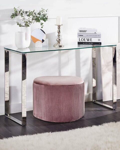 Konzolový stolík priehľadná stolová doska strieborné nohy z nehrdzavejúcej ocele 75 x 40 cm glamour moderná obývačka spálňa chodba