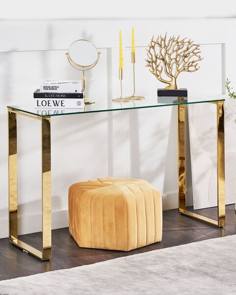 Konzolový stolík priehľadná stolová doska zlaté nohy z nehrdzavejúcej ocele 75 x 40 cm glamour moderná obývačka spálňa chodba