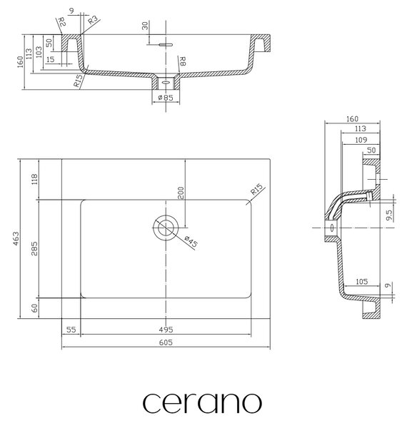 CERANO - Umývadlo z liateho mramoru Ovo - s prepadom - biela lesklá - 60,5x46,5 cm