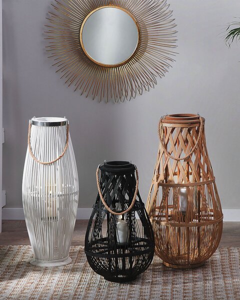 Lampáš čierny bambusové drevo 56 cm izbový vonkajší so skleneným držiakom na sviečku škandinávsky boho
