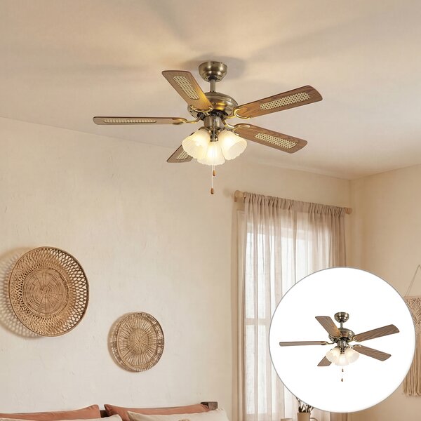 Mosadzný stropný ventilátor s potlačou dreva a ratanom 105 cm s ťahovým spínačom - Mistral Lia
