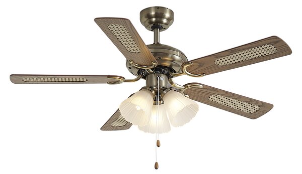 Mosadzný stropný ventilátor s potlačou dreva a ratanom 105 cm s ťahovým spínačom - Mistral Lia