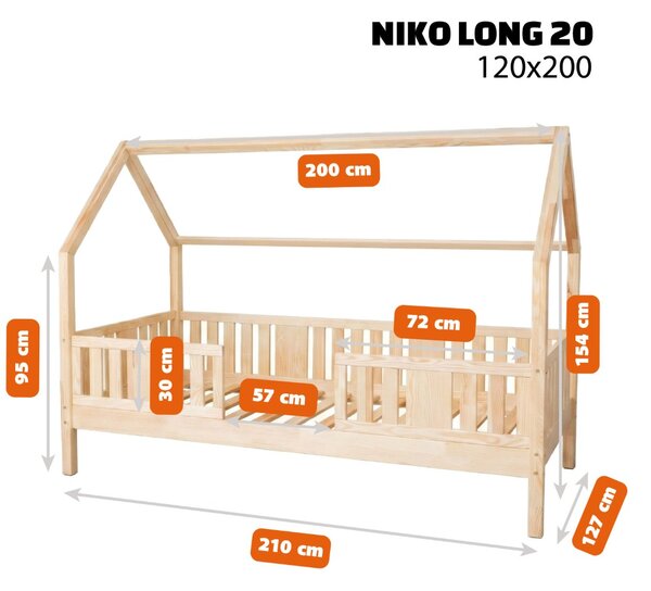 MAXMAX Detská domčeková posteľ z masívu borovice NIKO L 20 - 200x120 cm