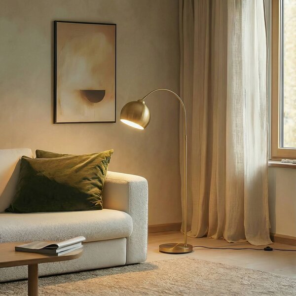 Oblúková stojacia lampa Lindby Moisia, mosadzná farba, kov, 148 cm, Mosadz / zlato, Obývacia izba / jedáleň, kov, Moderný, Oblúková stojaca lampa
