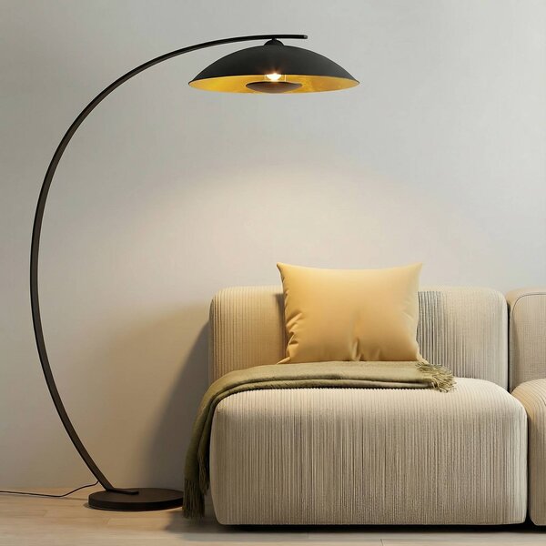 Lindby Oblúková stojacia lampa Emilienne, čierna, zlatá farba, 180 cm, Čierna, Obývacia izba / jedáleň, kov, Moderný, Oblúková stojaca lampa