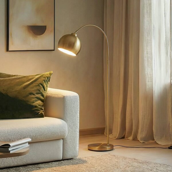 Oblúková stojacia lampa Lindby Moisia, mosadzná farba, kov, 148 cm, Mosadz / zlato, Obývacia izba / jedáleň, kov, Moderný, Oblúková stojaca lampa