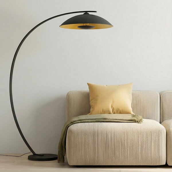 Lindby Oblúková stojacia lampa Emilienne, čierna, zlatá farba, 180 cm, Čierna, Obývacia izba / jedáleň, kov, Moderný, Oblúková stojaca lampa