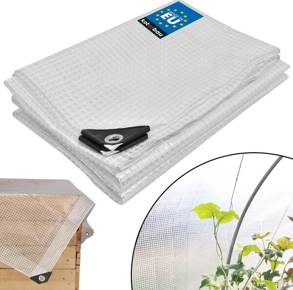 KOTARBAU® Plachta s očkami 120 g/m2 Transparentná 4x5 m Krycia plachta Skleník Fólia Vodotesná Priehľadná Univerzálna Mriežková fólia