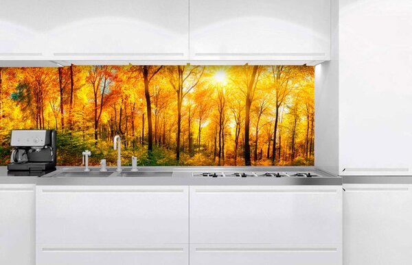DIMEX | Fototapeta do kuchyne Slnečný les KI-180-084 | 180 x 60 cm | zelená, žltá, oranžová