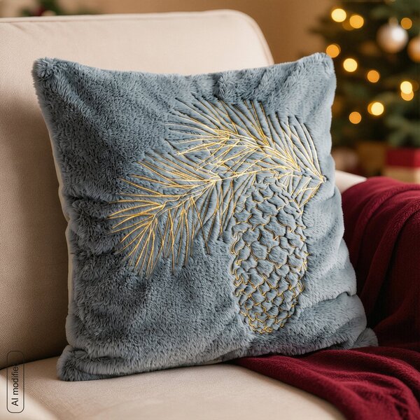 CHLPATÁ VIANOČNÁ DEKORAČNÁ OBLIEČKA NA VANKÚŠ PINE 45X45 CM SIVOMODRÁ