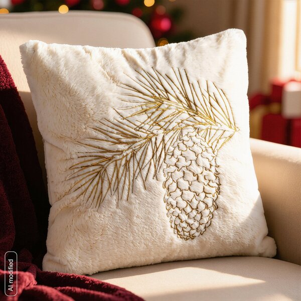 CHLPATÁ VIANOČNÁ DEKORAČNÁ OBLIEČKA NA VANKÚŠ PINE 45X45 CM KRÉMOVÁ