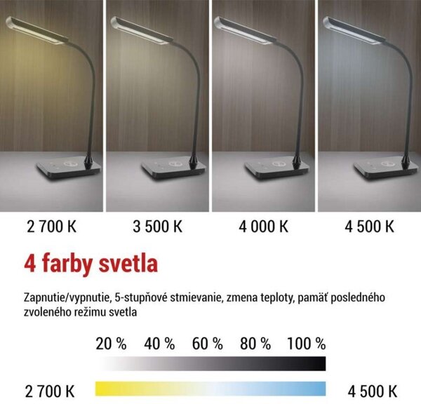 LED stolová lampa KYLE 5,5 W s bezdrôtovým nabíjaním a USB, Ra 90, stmievateľná, čierna (Z7639)