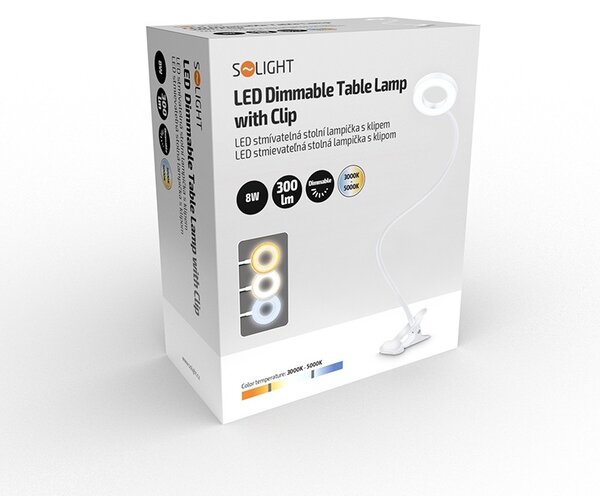 LED lampička s klipom 8 W, 300 lm, 3 farby svetla, 9 stupňov jasu, USB, biela (WO66-W) (WO66-W)