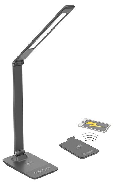 LED lampička s bezdrôtovým nabíjaním 10 W, 400 lm, 3 farby svetla, USB, hliník, sivá (WO55-G) (WO55-G)