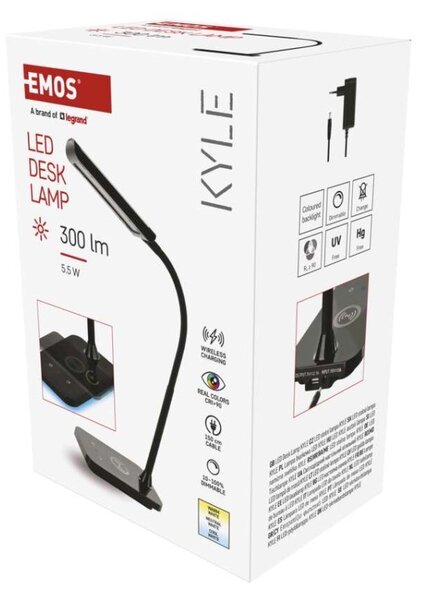 LED stolová lampa KYLE 5,5 W s bezdrôtovým nabíjaním a USB, Ra 90, stmievateľná, čierna (Z7639)