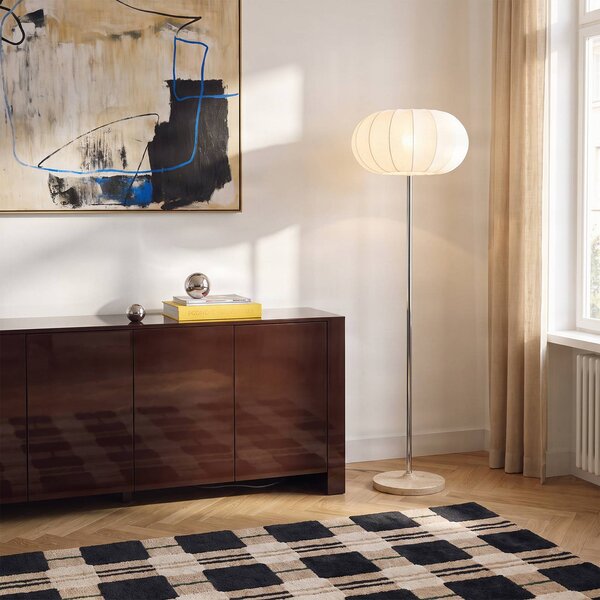 NOLA Stojacia lampa Elovie, prírodná farba/chróm, látka/travertín, 160 cm, Biela / opálová, Obývacia izba / jedáleň, Kameň, Škandinávsky, Stojaca lampa