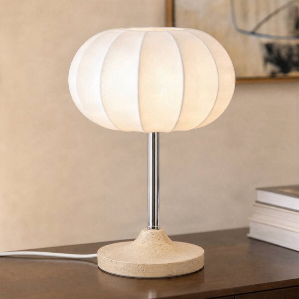 NOLA Stolová lampa Elovie, prírodná farba/chróm, látka/travertín, 35 cm, Biela / opálová, Obývacia izba / jedáleň, Kameň, Škandinávsky, Stojacie svietidlo