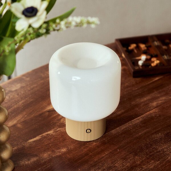 Lucande stolová LED lampa Katrin Palme, béžová, sklo, Krémová / jantárovo žltá, Obývacia izba / jedáleň, Sklo, Moderný, Stojacie svietidlo