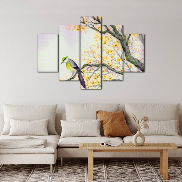 Obraz - Akvarelový vtáčik na strome (150x105 cm)