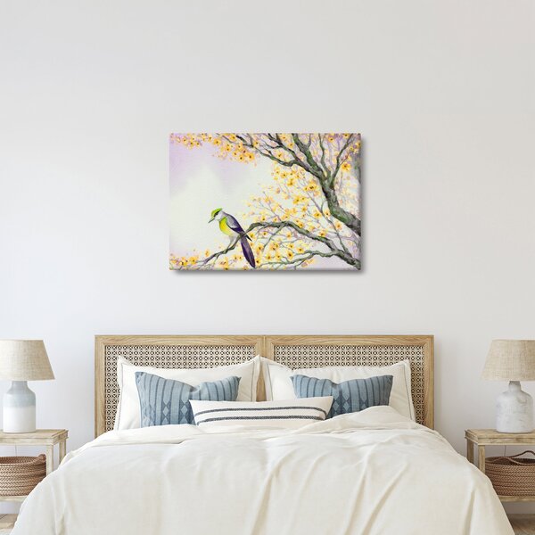 Obraz - Akvarelový vtáčik na strome (70x50 cm)