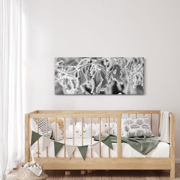 Obraz - Zmrznuté listy, čiernobiela (120x50 cm)