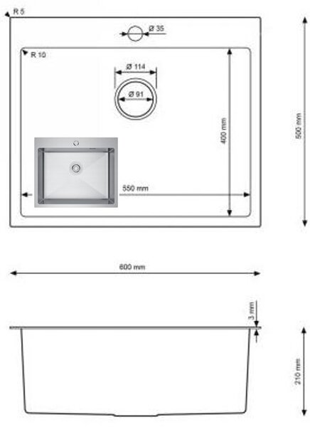 Erga HD, 1-komorový oceľový drez 600x500x210 mm, oceľová, ERG-MLS-HD6050