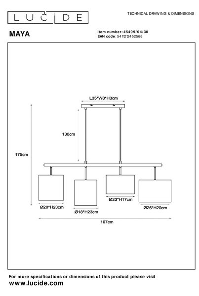 Lucide L454090430 závesné stropné svietidlo MAYA E27