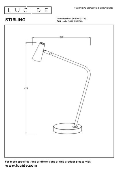 Lucide L366200330 LED stolná lampička STIRLING | 3W integrovaný LED zdroj | 230lm | 2700K