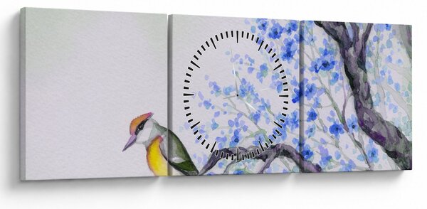 Obraz - Vtáčik na strome s modrými kvetmi (s hodinami) (90x30 cm)
