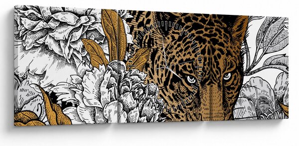Obraz - Leopard medzi kvetmi (s hodinami) (90x30 cm)