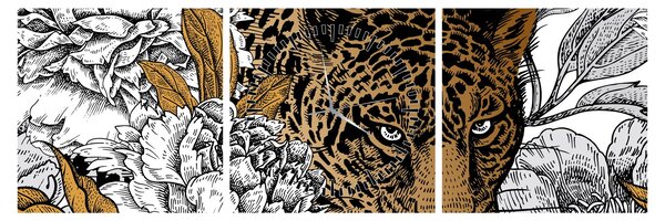 Obraz - Leopard medzi kvetmi (s hodinami) (90x30 cm)