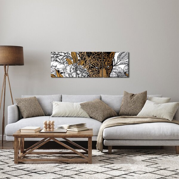 Obraz - Leopard medzi kvetmi (s hodinami) (90x30 cm)