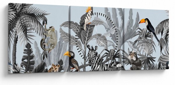 Obraz zvierat v tropickom lese (s hodinami) (90x30 cm)