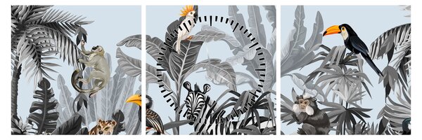 Obraz zvierat v tropickom lese (s hodinami) (90x30 cm)