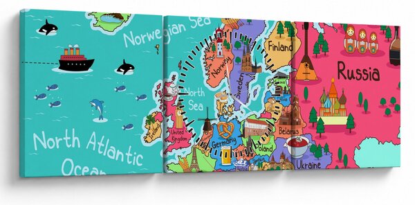 Obraz - Detská mapa Európy (s hodinami) (90x30 cm)